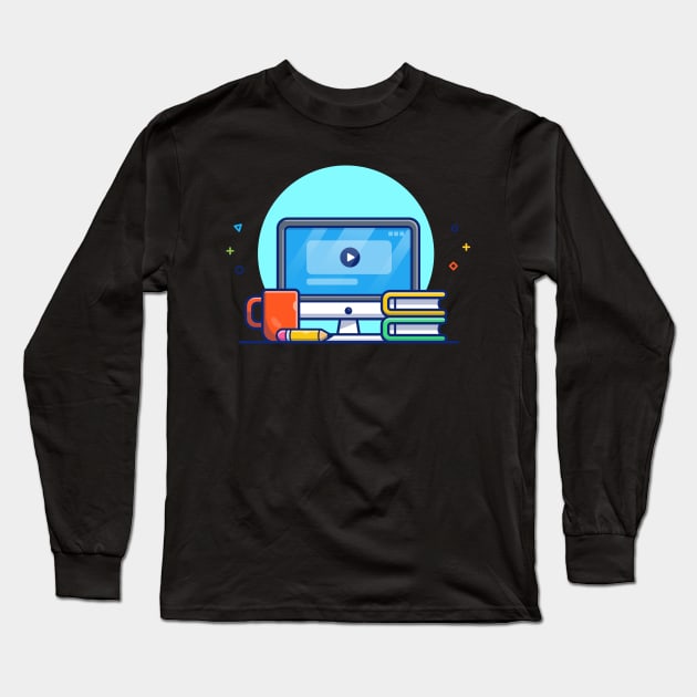 Monitor, Mug, Book, And Pencil Cartoon Long Sleeve T-Shirt by Catalyst Labs